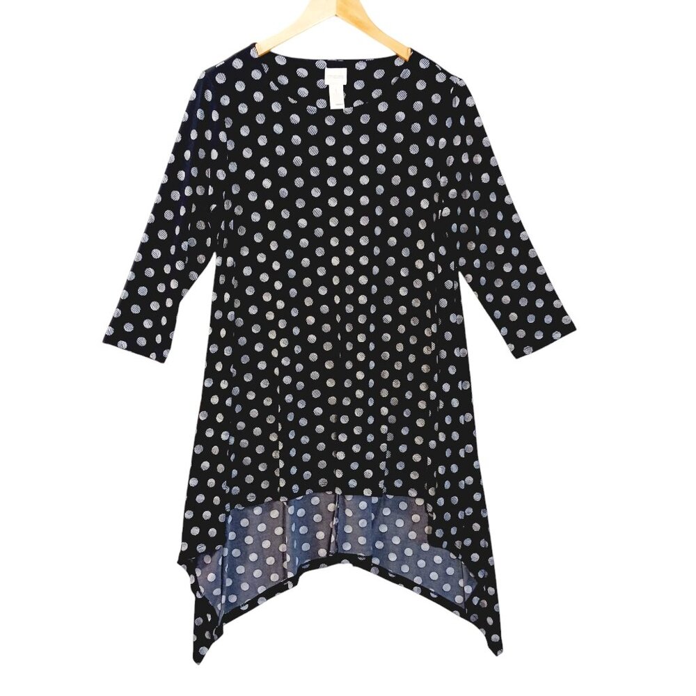 Chico's, Solar Polka Dots, Small, Black & White Tunic Top, HI-Low, Elbow Sleeves